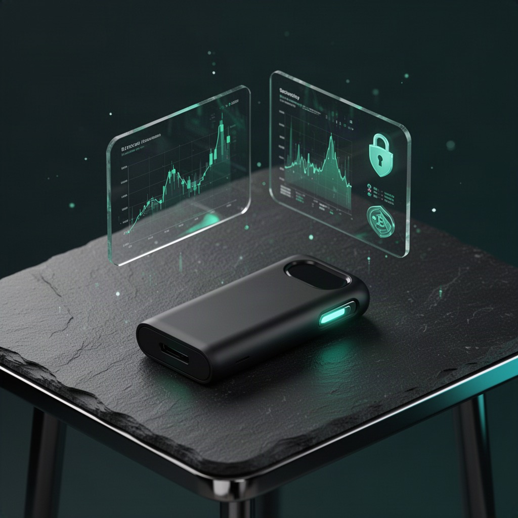 A Trezor hardware wallet connected to a laptop running the Trezor Suite wallet interface